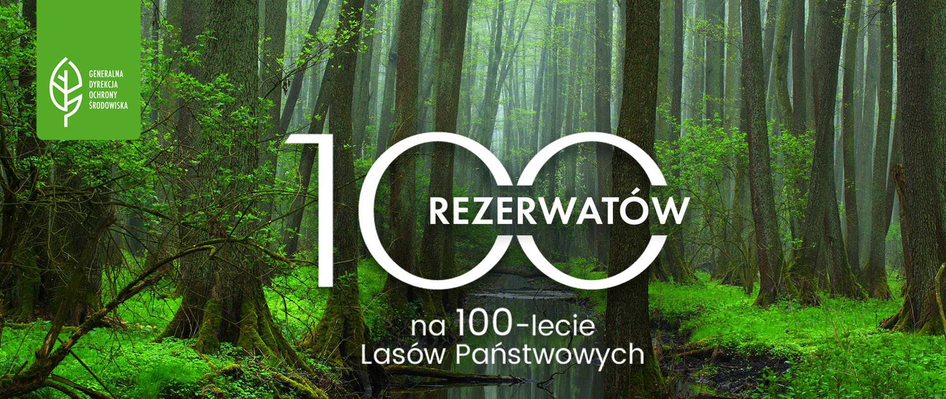 Napis 100 rezerwatów na 100-lecie Lasów Państwowych. Las w tle napisu.