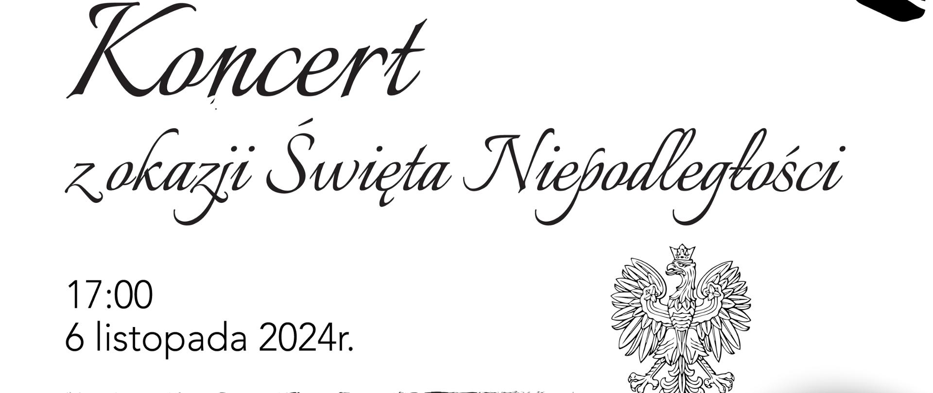 Białe tło, dwie biało-czerwone szarfy, fragment klawiatury, orzeł z godła, informacje o koncercie z okazji Święta Niepodległości