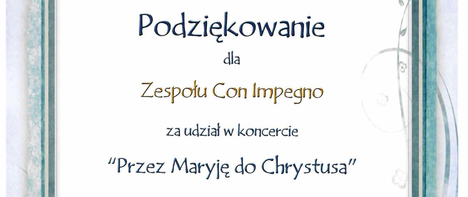 Dyplom z podziękowaniem dla zespołu smyczkowego za udział w koncercie "Przez Maryję do Chrystusa".