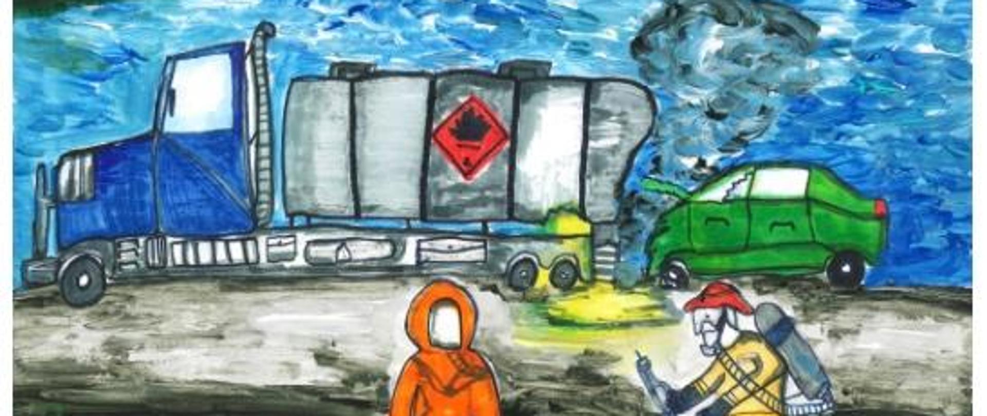 Na zdjęciu widać pracę plastyczną ucznia, tj. ciężarówka przewożąca chemikalia i dwie osoby ubrane w ubrania ochronne