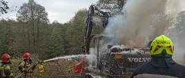 Fotografia przedstawia strażaków podających prąd piany na palącą się koparkę marki Volvo. Koparka stoi pośród krzewów i traw, dalej widoczny las.