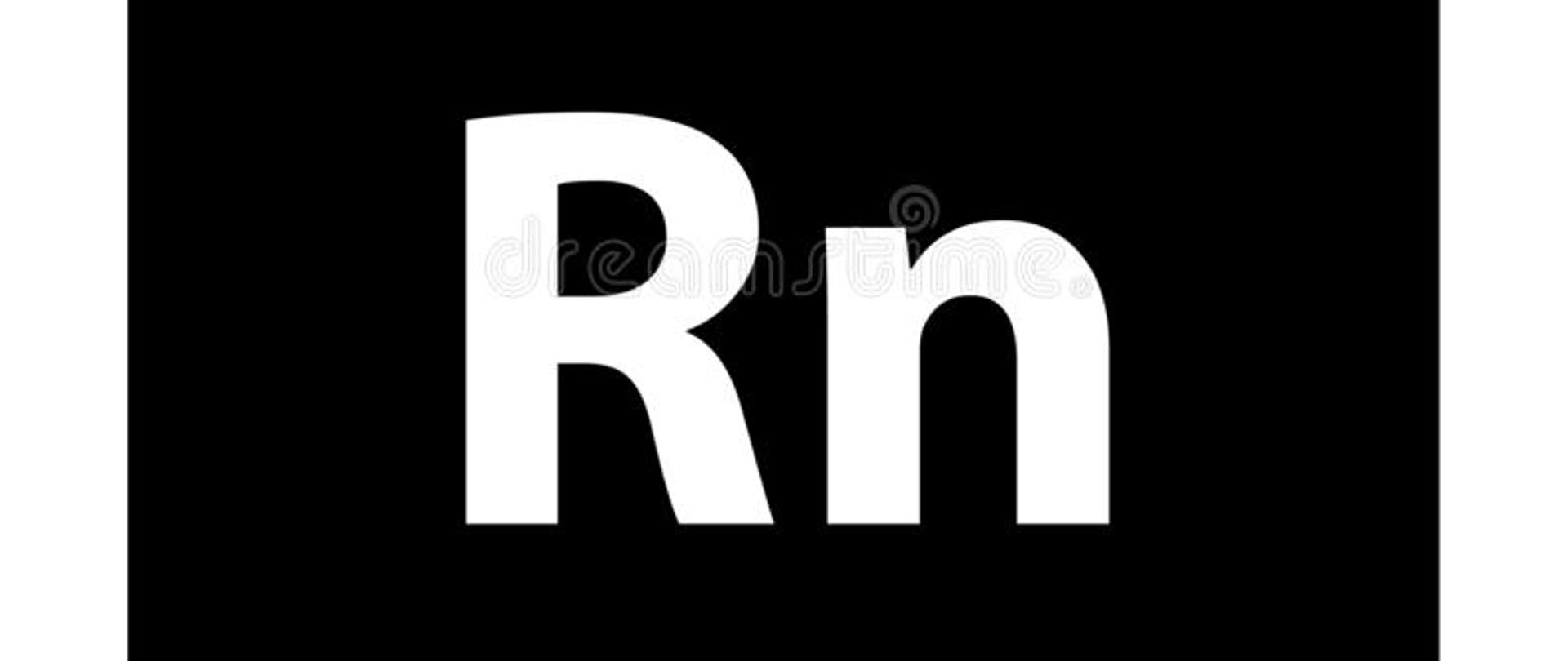 Na grafice znajduje się napis RADON wraz z symbolem Rn oraz oznaczeniem 86. Tło jest czarne. Obramowanie - białe.