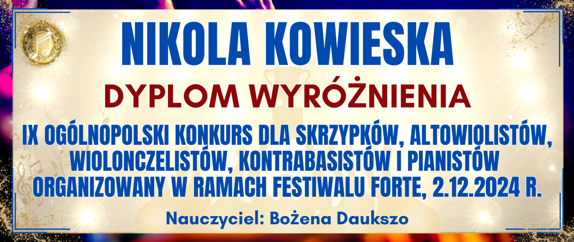 baner z ciemną kolorową ramką, jasne tło w środku z informacją o wyróżnieniu