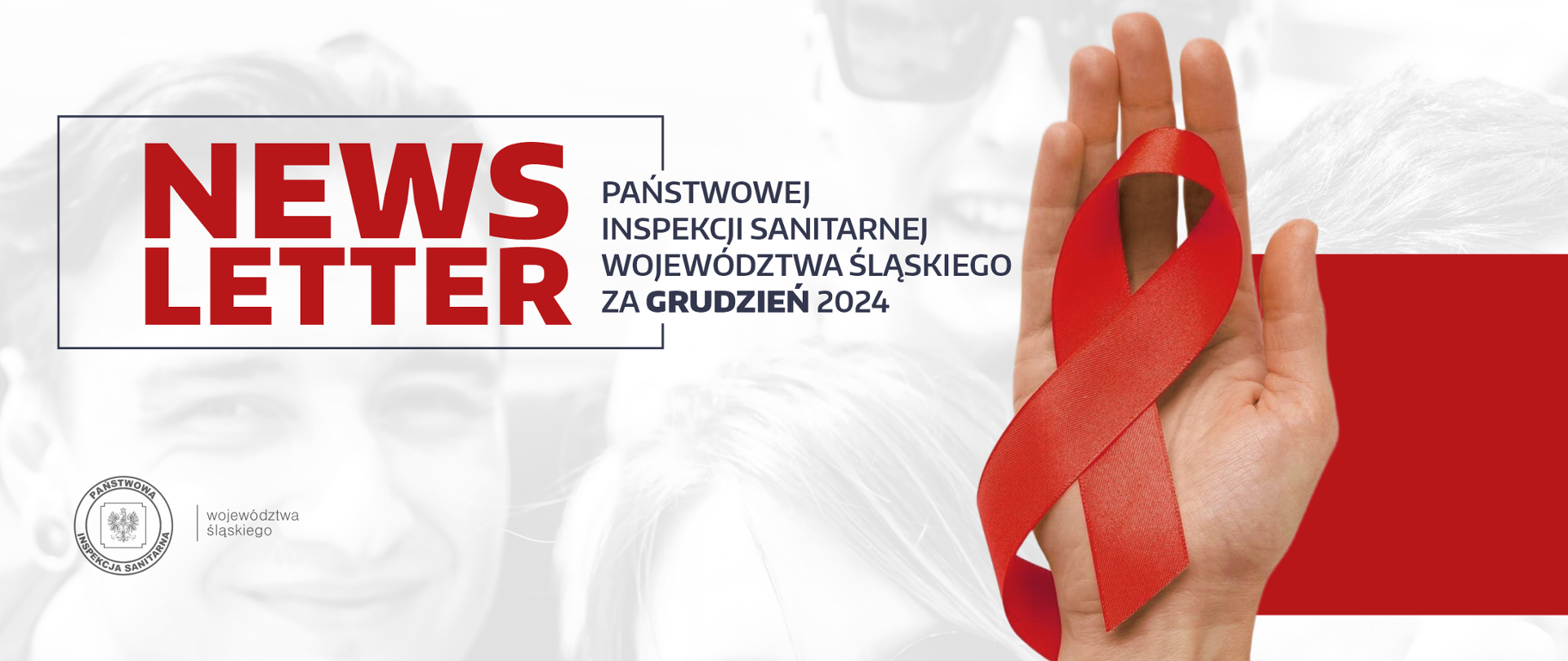 baner z napisem: Newsletter Państwowej Inspekcji Sanitarnej województwa śląskiego za grudzień 2024, na dłoni czerwona wstążka