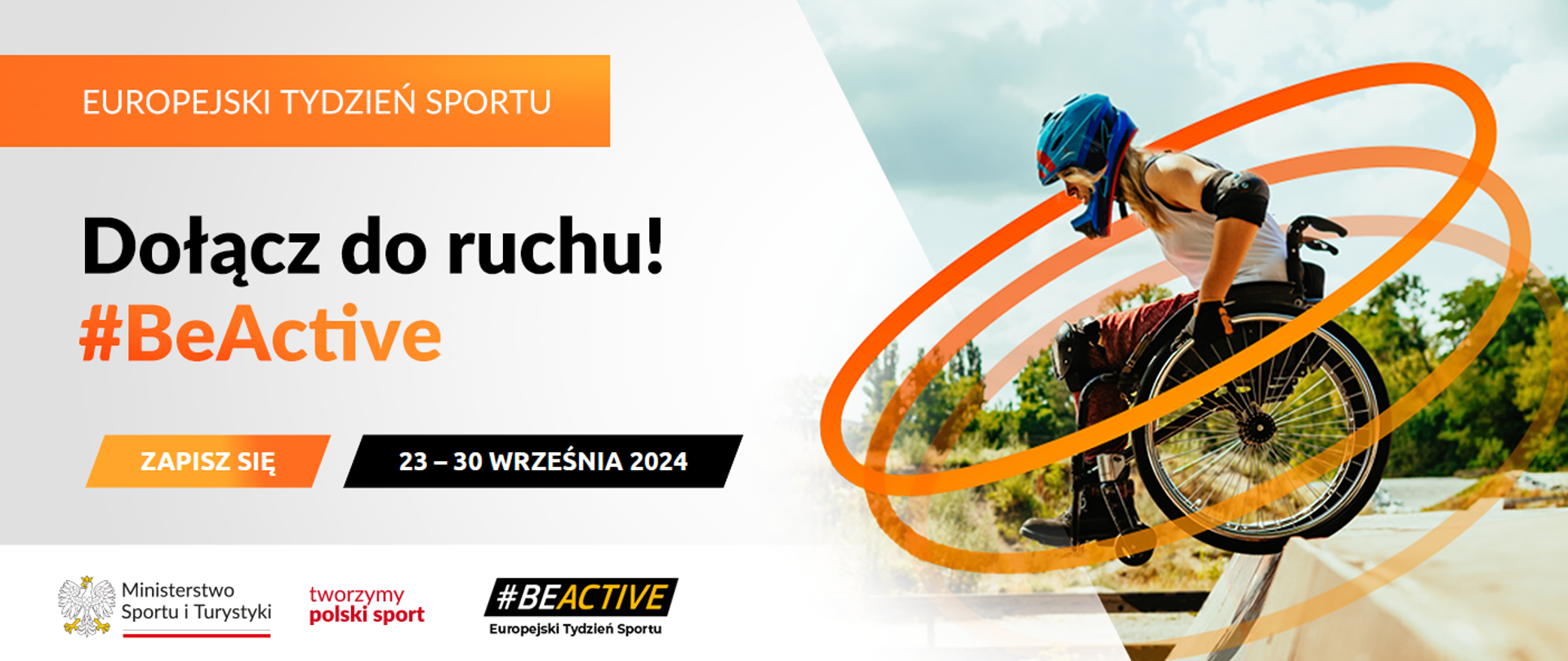 Grafika z dużym napisem na pomarańczowym tle: "Europejski Tydzień Sportu", poniżej treść: "Dołącz do ruchu! #BeActive. Zapisz się, 23-30 września 2024". W lewym dolnym rogu logo MSiT, hasło tworzymy polski sport oraz logo #Beactive Europejski Tydzień Sportu.