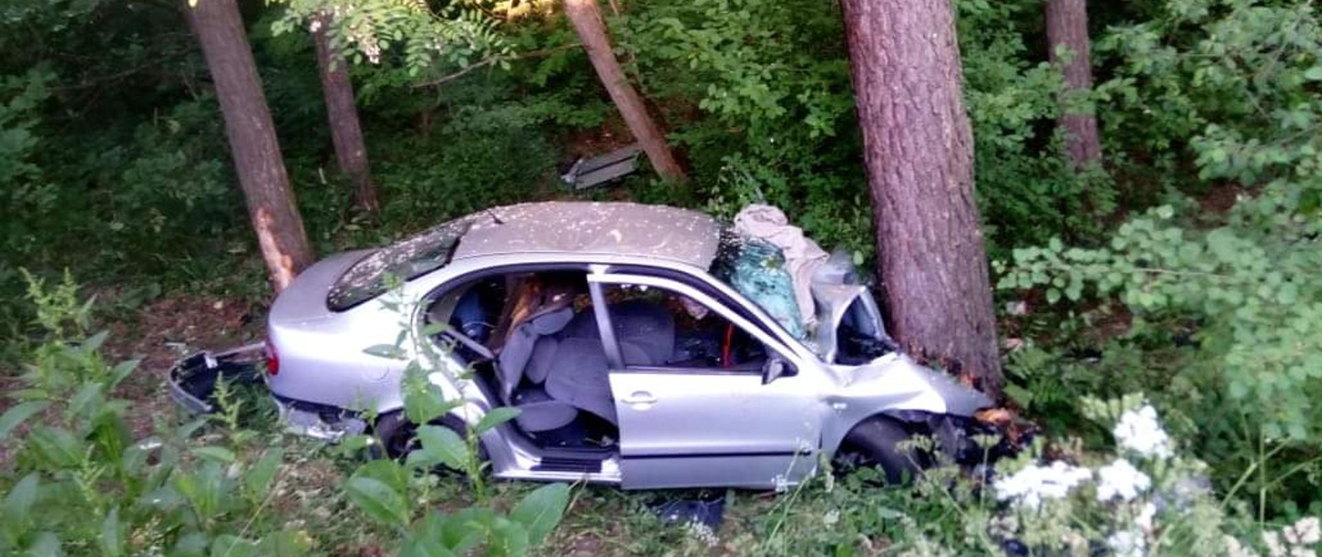 Zdjęcie przedstawia rozbity samochód osobowy wbity przodem w drzewo. Do okola widać drzewa.