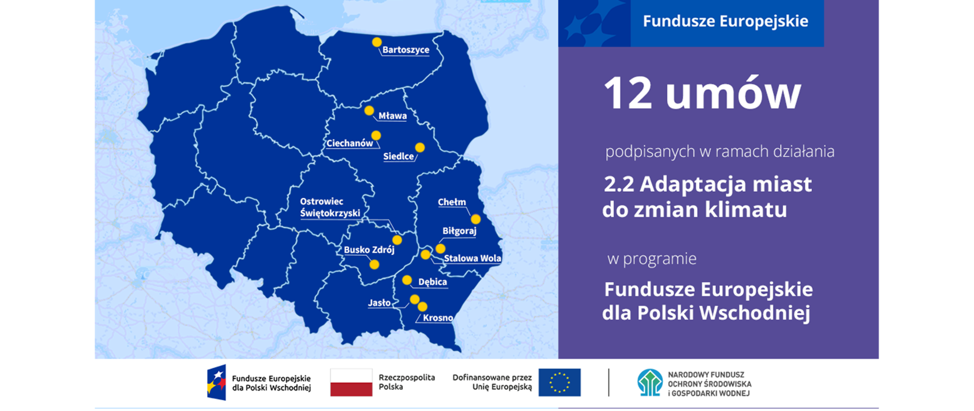 Plansza informacyjna. Fundusze Europejskie 12 umów podpisanych w ramach działania 2.2 Adaptacja do zmian klimatu w programie Fundusze Europejskie dla Polski Wschodniej