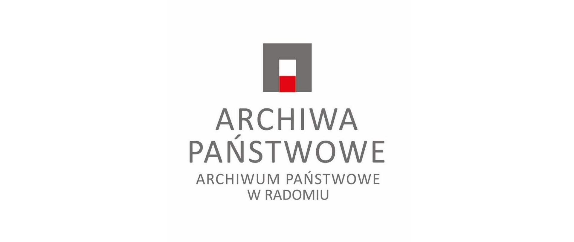 Grafika przedstawia logo Archiwum Państwowego w Radomiu, zawierające napis "Archiwa Państwowe - Archiwum Państwowe w Radomiu" oraz kwadrat w biało-czerowno-szarej kolorystyce. 