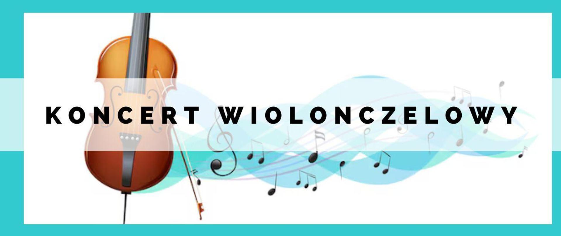 Głównym elementem graficznym jest wiolonczela, obok której widać niebieskie fale z czarnymi nutami. Na grafice czarnymi literami : Koncert wiolonczelowy