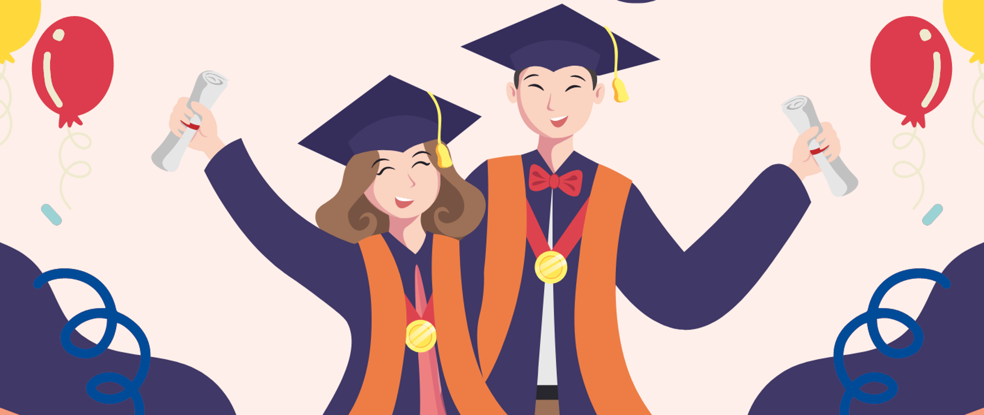 Plakat z grafiką absolwentów szkoły w togach i biretach trzymających w dłoniach dyplomy