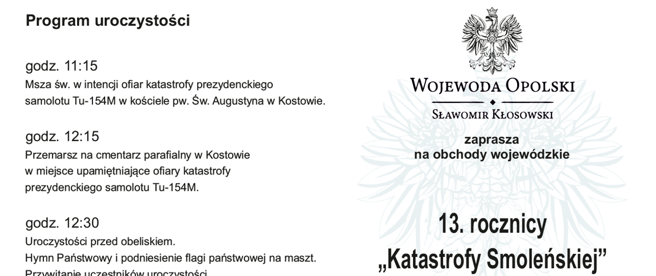 Zapraszamy na wojewódzkie obchody 13 rocznicy Katastrofy Smoleńskiej Opolski Urząd