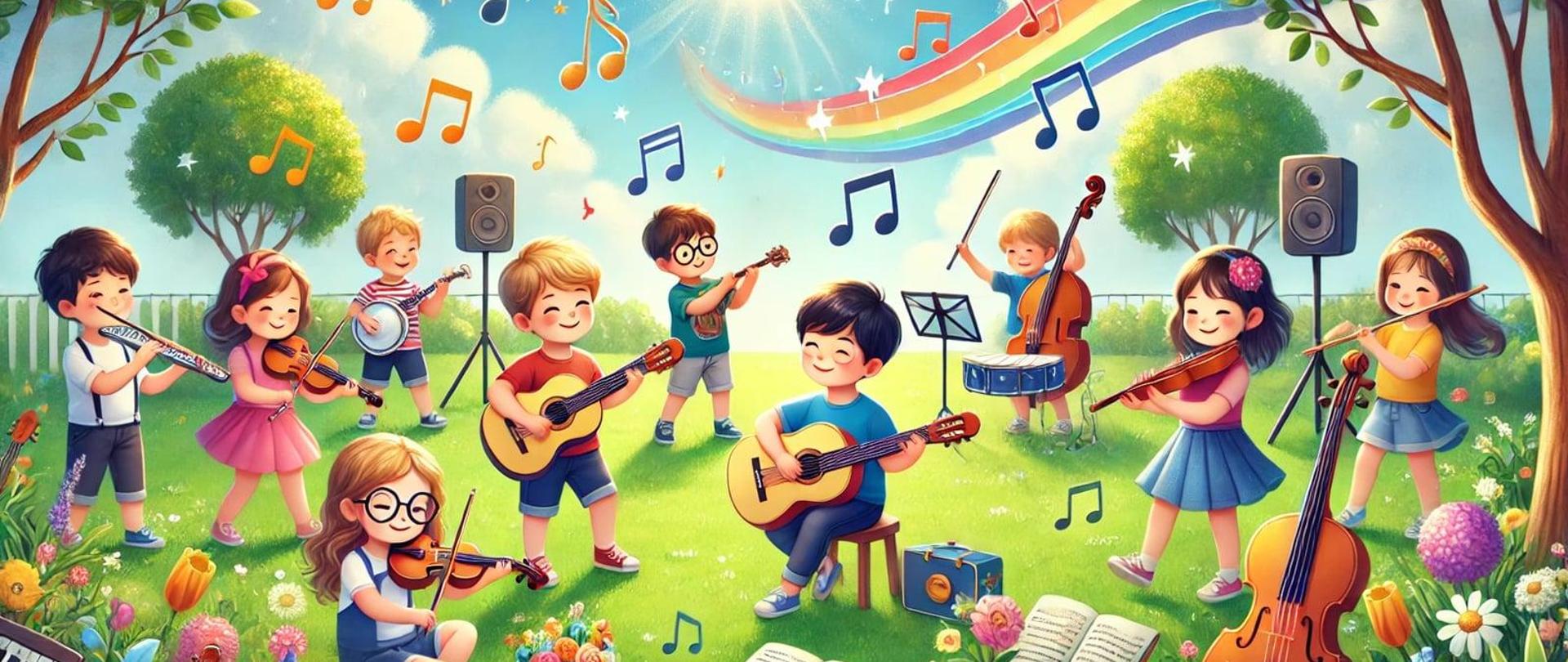Żywy i kolorowy obraz o tematyce letniej dla strony internetowej podstawowej szkoły muzycznej. Scena obejmuje dzieci grające na różnych instrumentach muzycznych