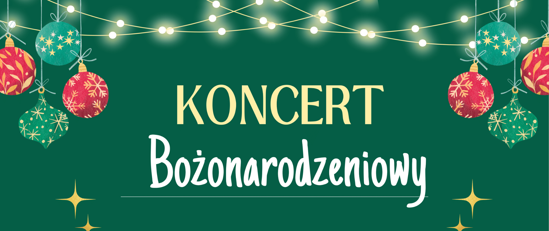 Tło obrazka w kolorze zielonym. U góry po lewej i prawej stronie bombki zielone i czerwone. Pomiędzy nimi żółty napis "koncert", poniżej biały napis "Bożonarodzeniowy" Dalej do dołu informacja o dacie, miejscu, godzinie i wykonawcach koncertu. U samego dołu udekorowane choineczki, św. mikołaj, bałwanek, reniferfek, pingwinek, niedźwiadek i pierniczek, a także prezenty.