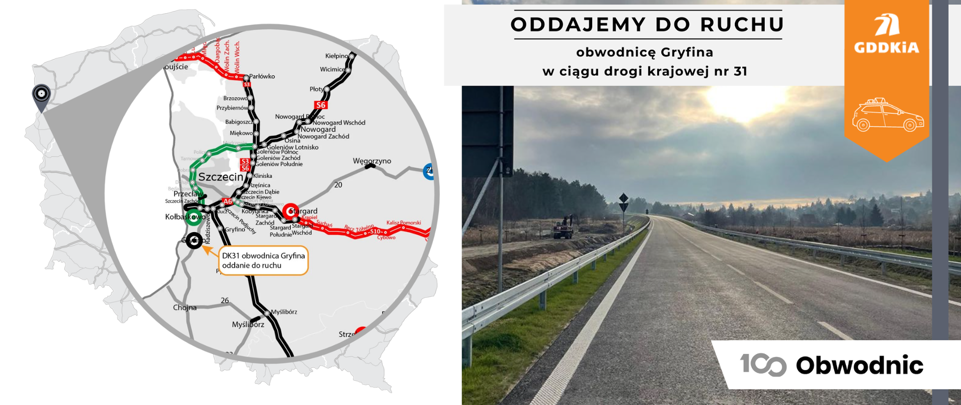 Obraz przedstawia mapę północno-zachodniej Polski z zaznaczoną nową obwodnicą Gryfina w ciągu drogi krajowej nr 31. Na mapie widoczne są główne drogi i miasta, takie jak Szczecin, Stargard, Kołbaskowo, oraz oznaczenia dróg ekspresowych i autostrad. Po prawej stronie znajduje się zdjęcie nowo wybudowanej drogi, a nad nim napis: "ODDAJEMY DO RUCHU obwodnicę Gryfina w ciągu drogi krajowej nr 31". W prawym górnym rogu widnieje logo GDDKiA. Na dole obrazu znajduje się napis "100 Obwodnic".