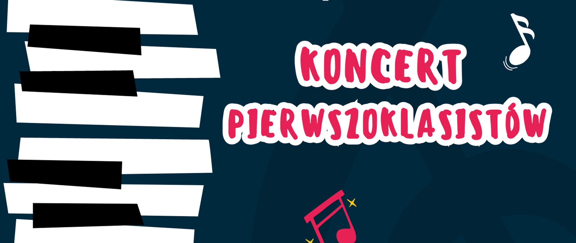 Afisz do koncertu pierwszoklasistów sekcji fortepianu, 13.01.2025. Na granatowym tle napis informacyjny. Z lewej strony klawiatura.