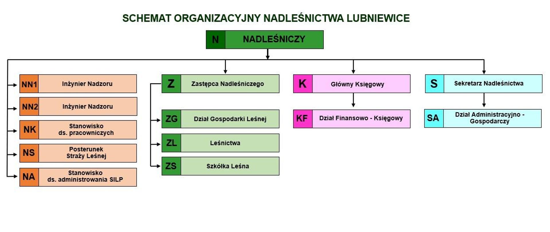 Schemat organizacyjny Nadleśnictwa Lubniewice w postaci drzewka. Na górze w hierarchii znajduje się Nadleśniczy, pod którego podlegają Zastępca Nadleśniczego, Główny Księgowy, Sekretarz Nadleśnictwa, Inżynier Nadzoru, Stanowisko do spraw pracowniczych, Posterunek Straży Leśnej, Stanowisko do spraw administrowania SILP. Pod Zastępcę Nadleśniczego podlegają: Dział Gospodarki Leśnej, Leśnictwa, Szkółka Leśna. Pod Głównego Księgowego podlega Dział Finansowo - Księgowy. Pod Sekretarza Nadleśnictwa podlega Dział Administracyjno - Gospodarczy.