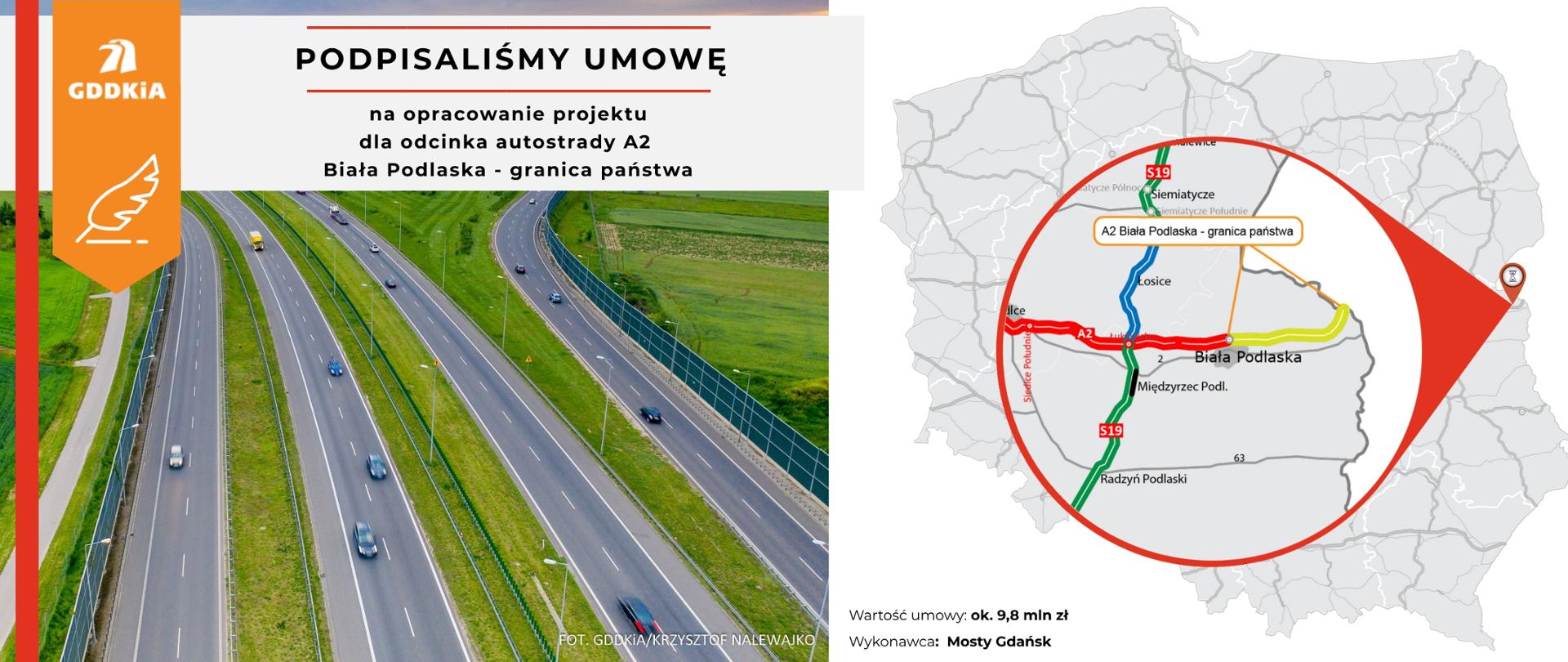 Infografika na podpisanie umowy na zaprojektowanie autostrady A2 od Białej Podlaskiej do granicy z Białorusią