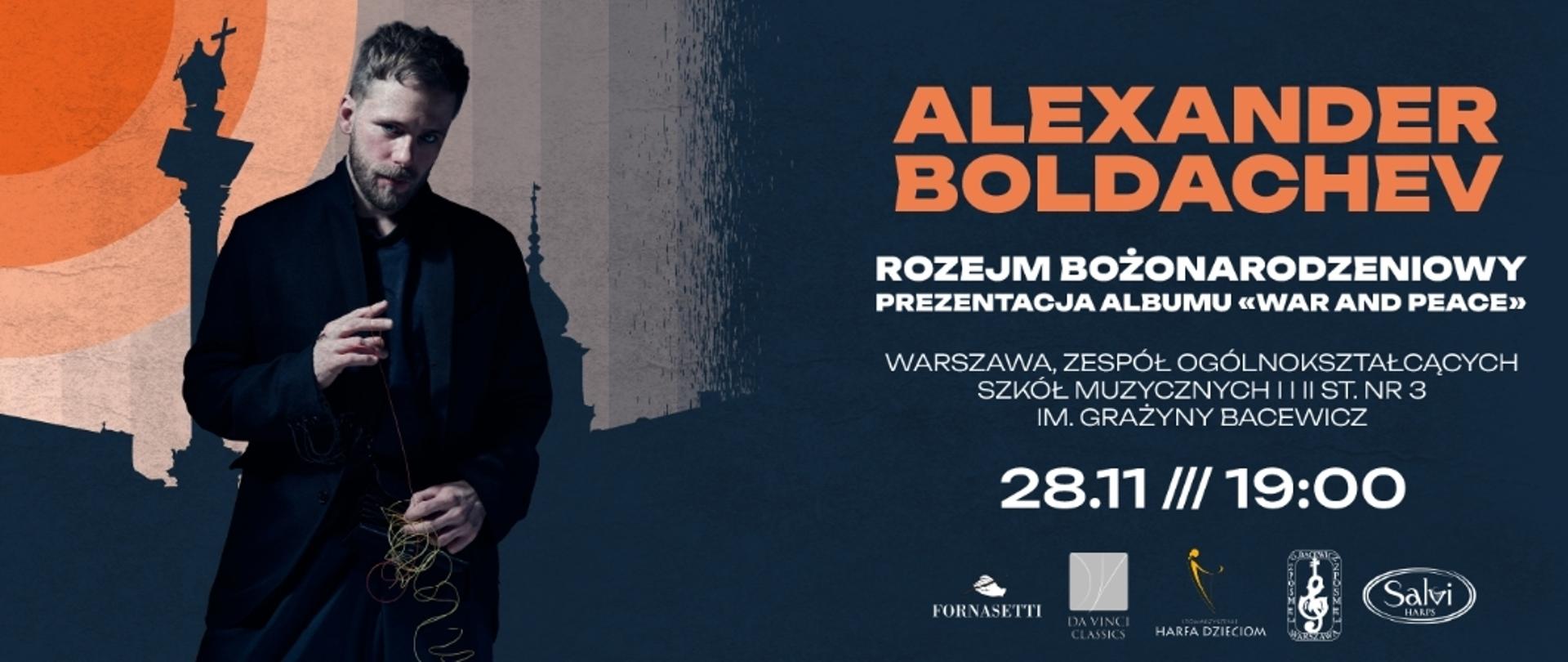 Plakat reklamujący koncert Alexandra Boldacheva w szkole. Ciemne barwy, na środku postać Alexandra Boldacheva.