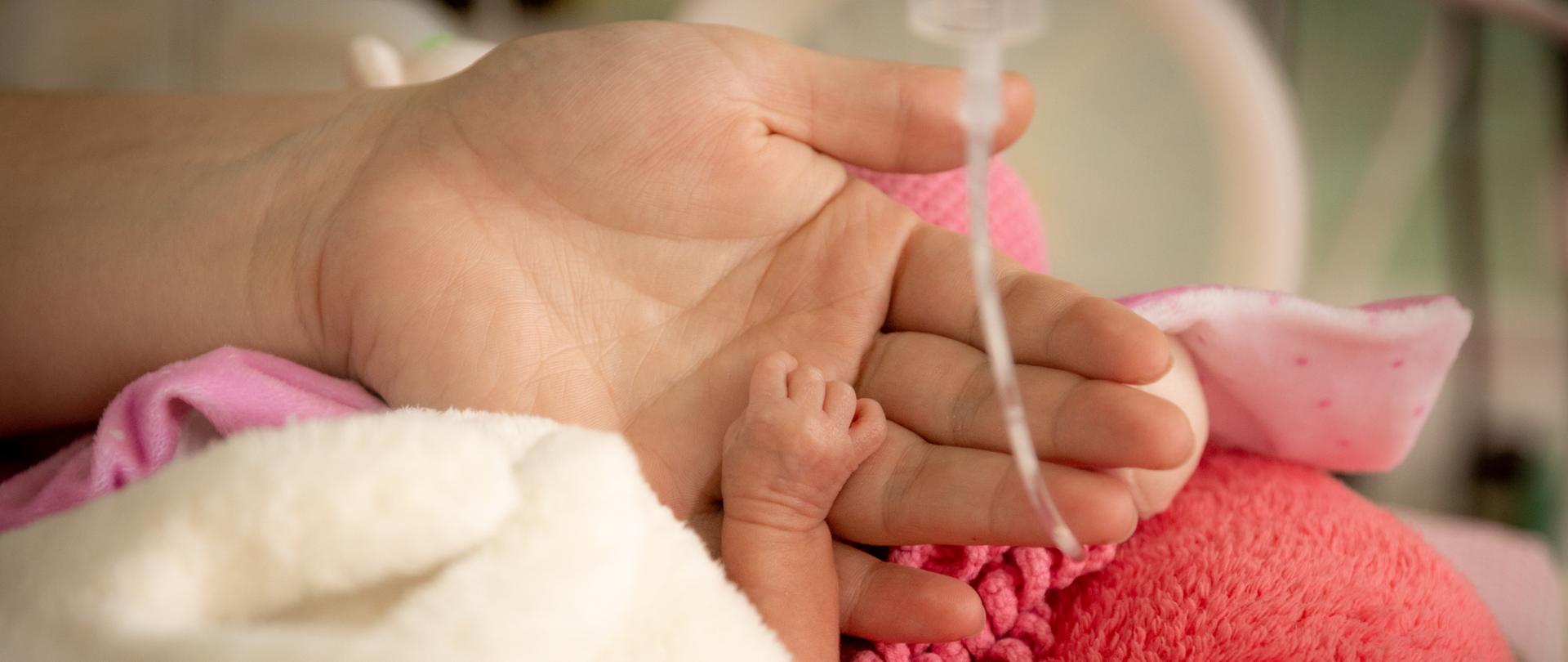 A closeup of a hand of a premature newborn baby in incubator