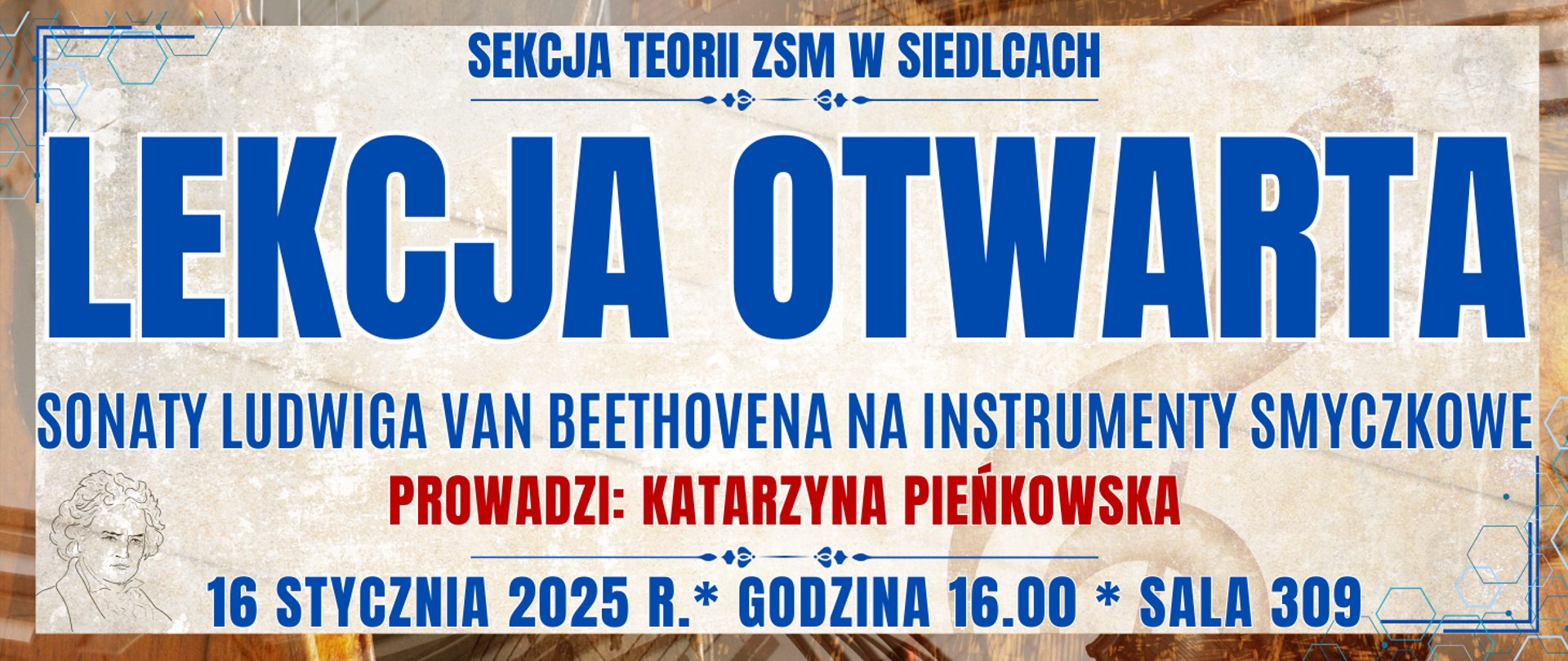 baner z brązową ramką w środku półprzezroczysty klucz wiolinowy oraz informacja o wydarzeniu