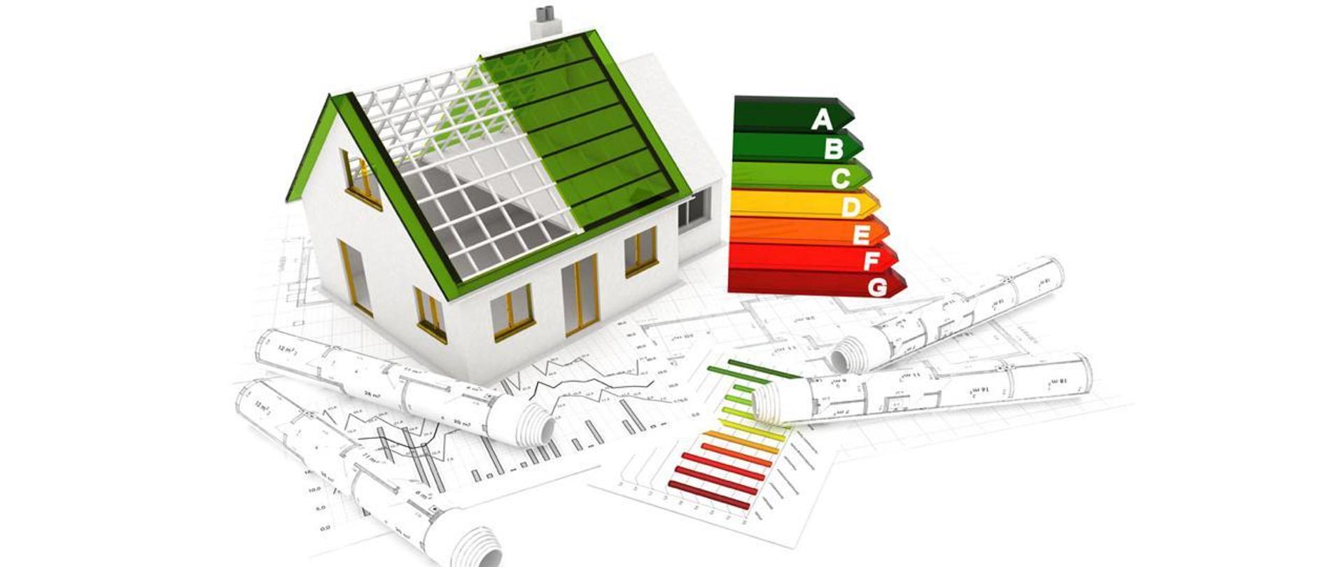 Ilustracja przedstawiająca graficzne oznaczenie charakterystyki energetycznej budynków
