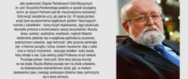 Życzenia w 91. rocznicę urodzin Krzysztofa Pendereckiego - kartka z życzeniami, tło w kolorze popielatym, tekst w kolorze czarnym oraz zdjęcie przedstawiające postać kompozytora profesora Krzysztofa Pendereckiego; zdjęcie z folderu szkolnego