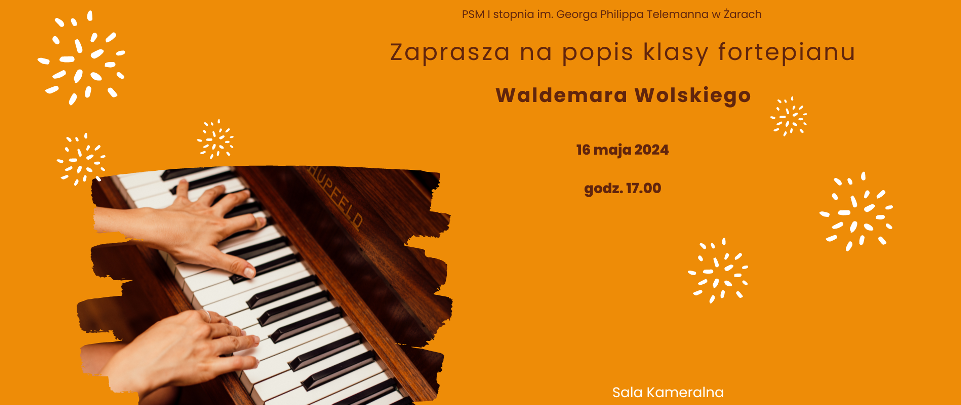 Plakat przedstawia informację o koncercie fortepianowym Waldemara Wolskiego, który odbędzie się 16 maja 2024 roku o godzinie 17:00 w Sali Kameralnej Państwowej Szkoły Muzycznej I stopnia im. Georga Philippa Telemanna w Żarach.
Elementy plakatu:
Tytuł: Popis klasy fortepianu
Imię i nazwisko nauczyciela: Waldemara Wolskiego
Data: 16 maja 2024 r.
Godzina: 17:00
Miejsce: Sala Kameralna
Dodatkowe informacje: Państwowa Szkoła Muzyczna I stopnia im. Georga Philippa Telemanna w Żarach
Analiza plakatu:
Plakat jest prosty i przejrzysty. Informacje są jasno i czytelnie prezentowane. Użyto dużej i wyraźnej czcionki, a kolorystyka jest kontrastowa. Plakat jest elegancki i profesjonalny.
Cel plakatu:
Celem plakatu jest poinformowanie o koncercie fortepianowym Waldemara Wolskiego i zachęcenie do udziału.
Dodatkowe uwagi:
Plakat nie zawiera żadnych zdjęć ani ilustracji. Można by je dodać, aby plakat był bardziej atrakcyjny wizualnie.
Podsumowanie:
Plakat jest dobrze zaprojektowany i spełnia swój cel. Jest informacyjny i zachęcający do udziału.
Informacje o wydarzeniu:
Nazwa: Popis klasy fortepianu
Nauczyciel: Waldemara Wolskiego
Data: 16 maja 2024 r.
Godzina: 17:00
Miejsce: Sala Kameralna
Plakat przedstawia informację o koncercie fortepianowym Waldemara Wolskiego, który odbędzie się 16 maja 2024 roku o godzinie 17:00 w Sali Kameralnej Państwowej Szkoły Muzycznej I stopnia im. Georga Philippa Telemanna w Żarach.
Elementy plakatu:
Tytuł: Popis klasy fortepianu
Imię i nazwisko nauczyciela: Waldemara Wolskiego
Data: 16 maja 2024 r.
Godzina: 17:00
Miejsce: Sala Kameralna
Dodatkowe informacje: Państwowa Szkoła Muzyczna I stopnia im. Georga Philippa Telemanna w Żarach
Analiza plakatu:
Plakat jest prosty i przejrzysty. Informacje są jasno i czytelnie prezentowane. Użyto dużej i wyraźnej czcionki, a kolorystyka jest kontrastowa. Plakat jest elegancki i profesjonalny.
Cel plakatu:
Celem plakatu jest poinformowanie o koncercie fortepianowym Waldemara Wolskiego i zachęcenie do udziału.
Dodatkowe uwagi:
Plakat nie zawiera żadnych zdjęć ani ilustracji. Można by je dodać, aby plakat był bardziej atrakcyjny wizualnie.
Podsumowanie:
Plakat jest dobrze zaprojektowany i spełnia swój cel. Jest informacyjny i zachęcający do udziału.
Informacje o wydarzeniu:
Nazwa: Popis klasy fortepianu
Nauczyciel: Waldemara Wolskiego
Data: 16 maja 2024 r.
Godzina: 17:00
Miejsce: Sala Kameralna