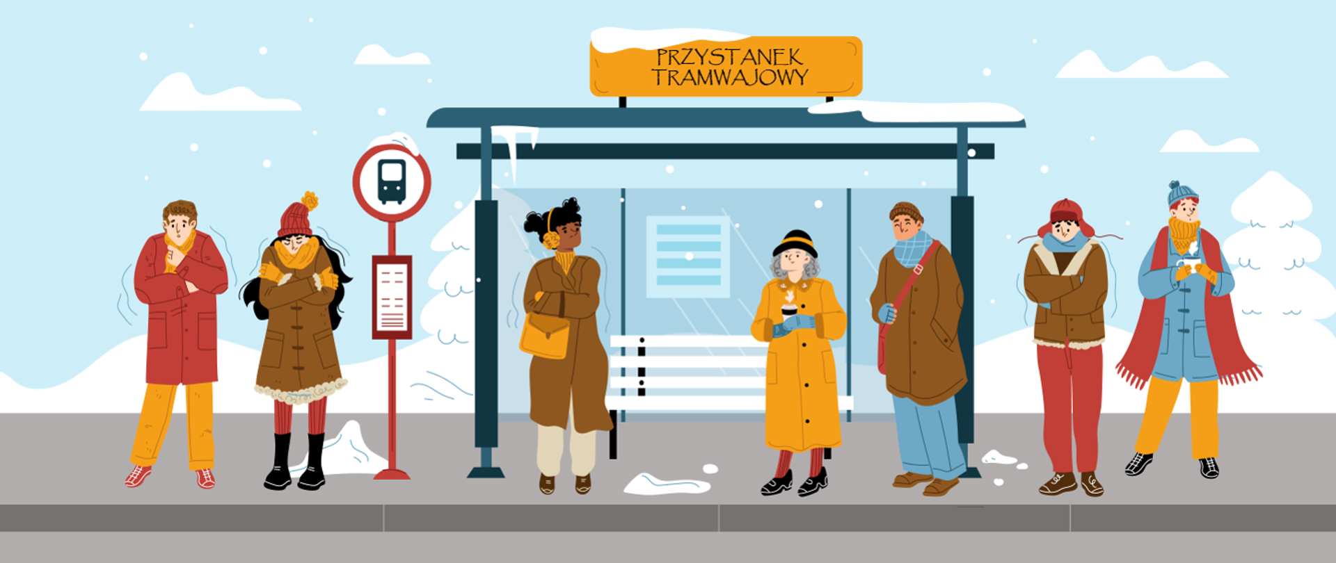 Grafika przestawiająca ludzi stojących na przystanku tramwajowym w czasie mrozu