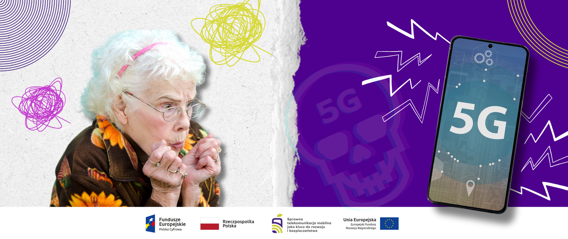 Zdjęcie przedstawia wystraszoną, starszą panią, która z niepokojem patrzy na telefon z siecią 5G.