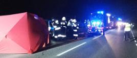Strażacy prowadza działania ratownicze, w tle dwa uszkodzone samochody osobowe