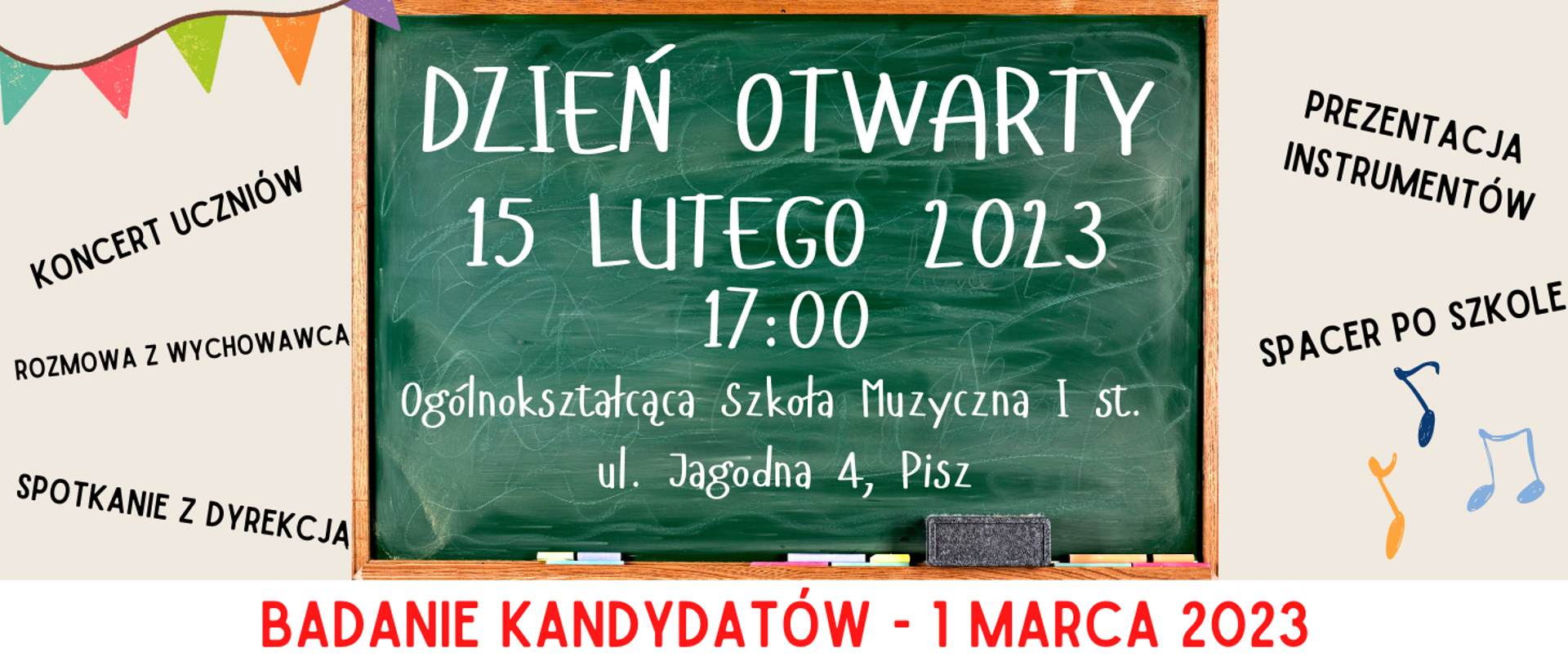 Plakat, na środku tablica szkolna z informacją o Dniu otwartym, który ma miejsce 15 lutego 2023r. o godz. 17.00