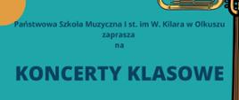 niebiesko żółte tło, u góry falująca pięciolinia z nutami, na dole po lewej mikrofon, po prawej, gitara i tuba