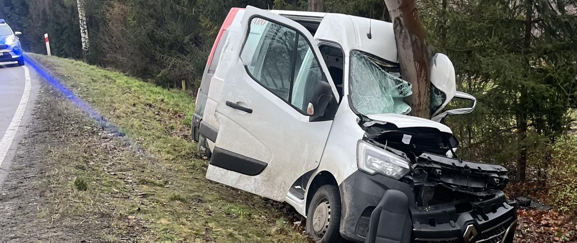 Rozbity biały samochód dostawczy, który uderzył w drzewo.