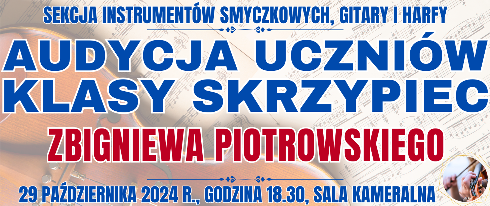 baner w tle półprzezroczyste skrzypce na nutach oraz informacja o audycji klasy skrzypiec