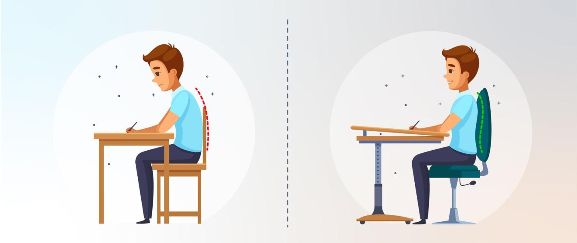 Grafika przedstawiająca prawidłową pozycję siedzącą podczas zajęć lekcyjnych