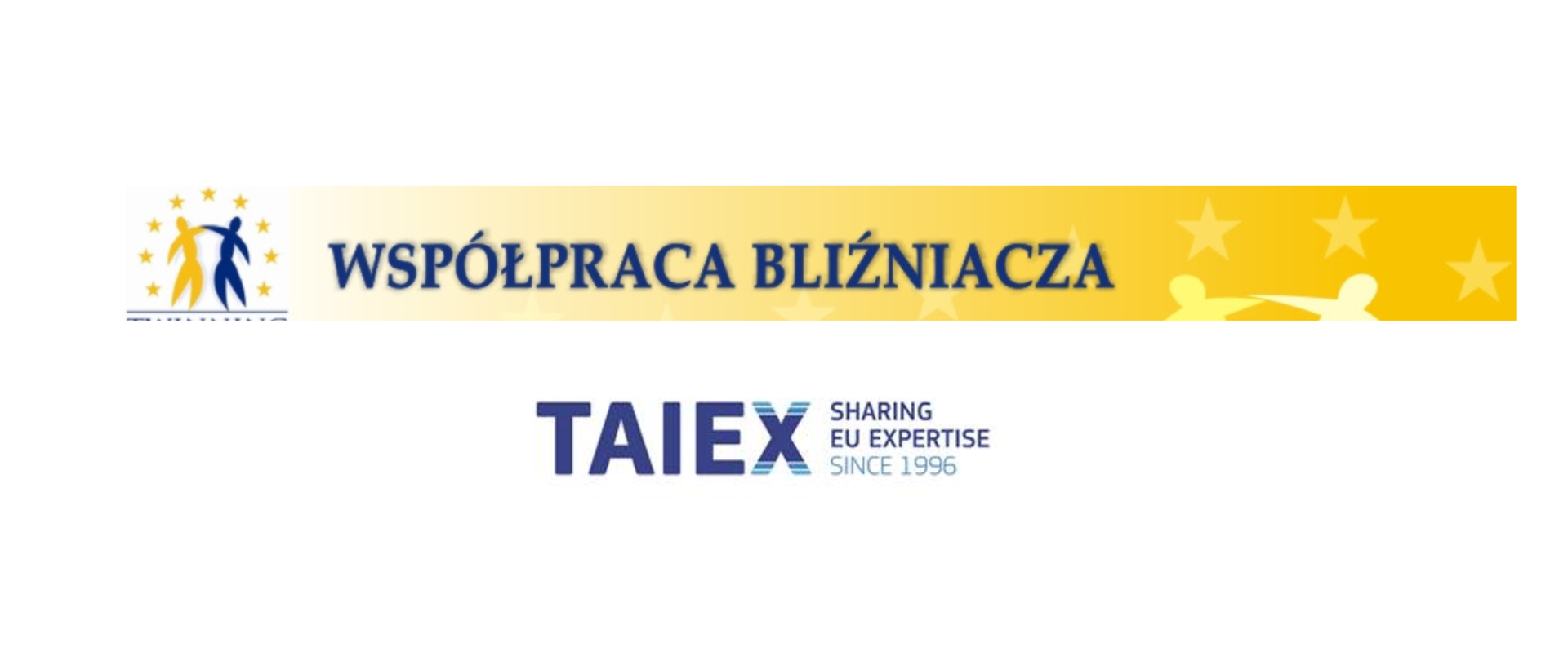 Logo Twinning - sylwetki dwóch osób w kole z gwiazdek UE i z napisem Współpraca Bliźniacza oraz napis TAIEX Sharing EU Expertise Since 1996