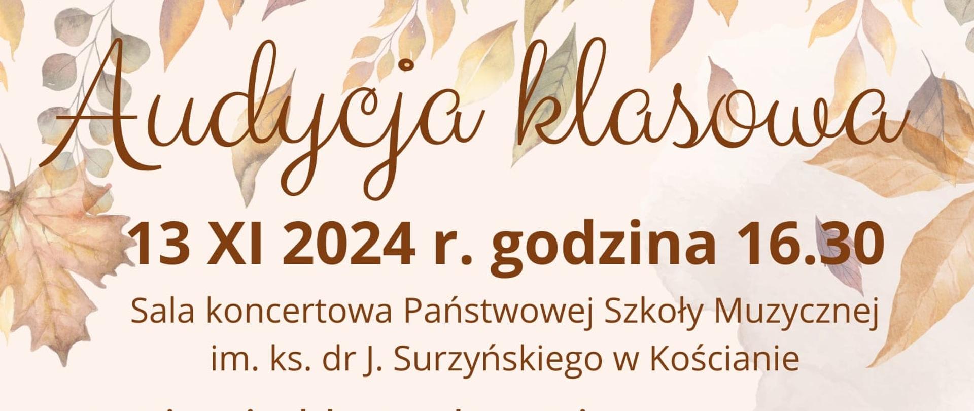 plakat audycji klasowej klas skrzypiec Pauliny Kmieć i fortepianu Jagody Młynarskiej utrzymany w pastelowych barwach z jesiennymi liśćmi jako obramowanie i rysunkami instrumentów