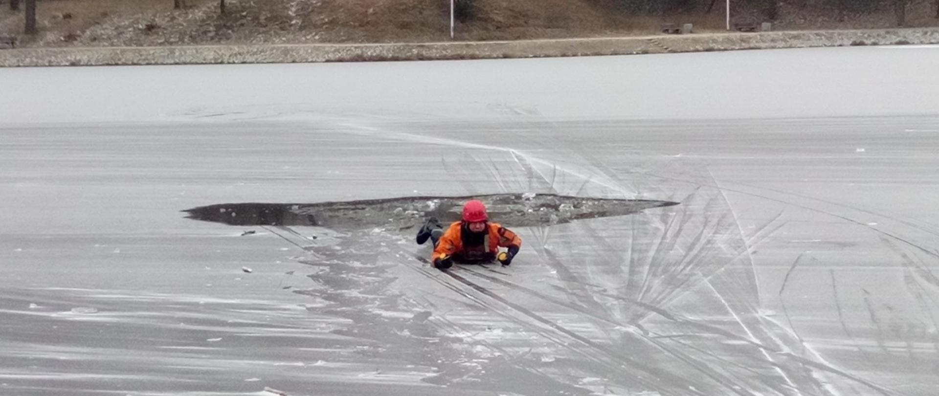 Ratownik podczas ćwiczeń na zamarzniętym zbiorniku wodnym. Osoba poszkodowana wydostaje z przerębli na taflę lodu za pomocą kolców lodowych.