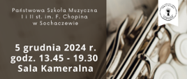 W tle plakatu zdjęcie fletu poprzecznego. Z lewej strony informacje: 5 grudnia 2024 r. godz. 13.45 - 19.30 Sala Kameralna. 