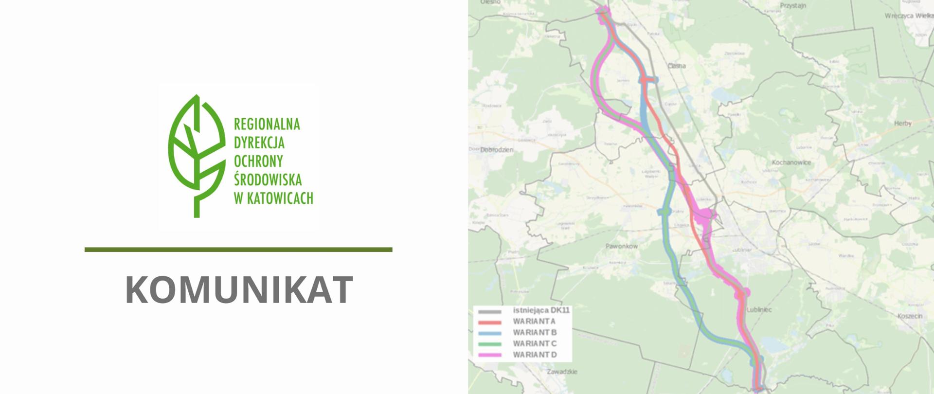 Grafika informująca o komunikacie Regionalnej Dyrekcji Ochrony Środowiska w Katowicach, po prawej stronie mapa z lokalizacjami przebiegu drogi