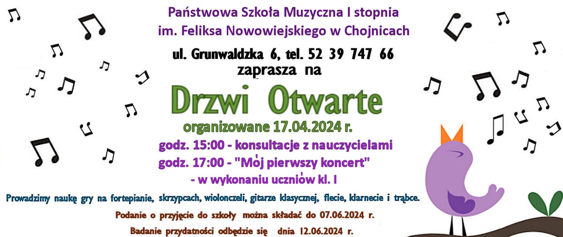 Zdjęcie zawiera informację o zbliżającej się imprezie pt. "Drzwi otwarte". Na zdjęciu jest informacja o dacie: 17.04.2024. o godz. 17:00. Jest również informacja o o terminie składania podań do szkoły - 7.06.2024 r., a także o terminie badania przydatności uczniów do szkoły muzycznej - 12.06.2024 r.