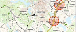 Mapa odcinka obwodnica Olsztyna pomiędzy węzłami Olsztyn Wschód i Olsztyn Jaroty