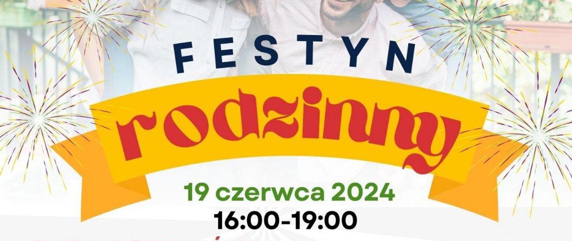 Plakat Festyn rodzinny organizowany przez Radę Rodziców przy PSM w Wolsztynie w dniu 19 czerwca 2024 w godzinach 16:00 - 19:00. W tle zdjęcie dzieci wraz z rodzicami.