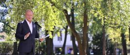 Prime Minister Donald Tusk at a press conference in the gardens of the Chancellery after a meeting of the Council of Ministers