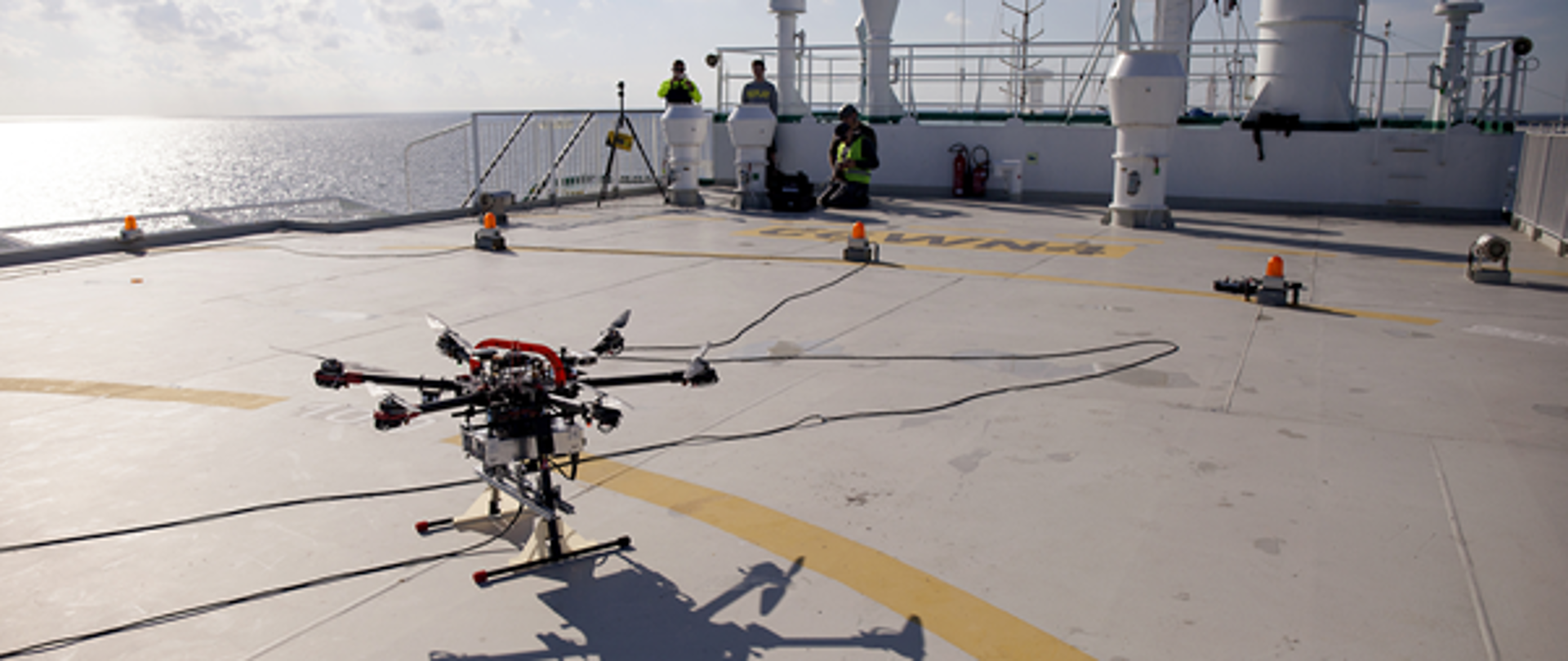 Tests of AVAL system components carried out at sea. The photo shows the drone landing on the ship