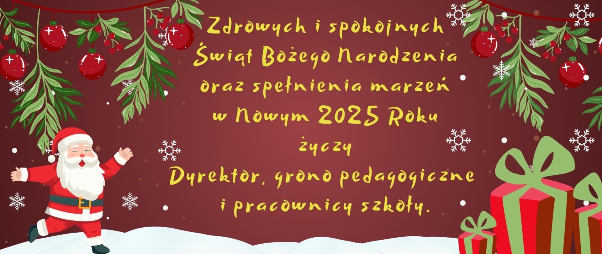 Na czerwonym tle: biegnący Mikołaj, paczki, gwiazdki, bombki oraz tekst życzeń.