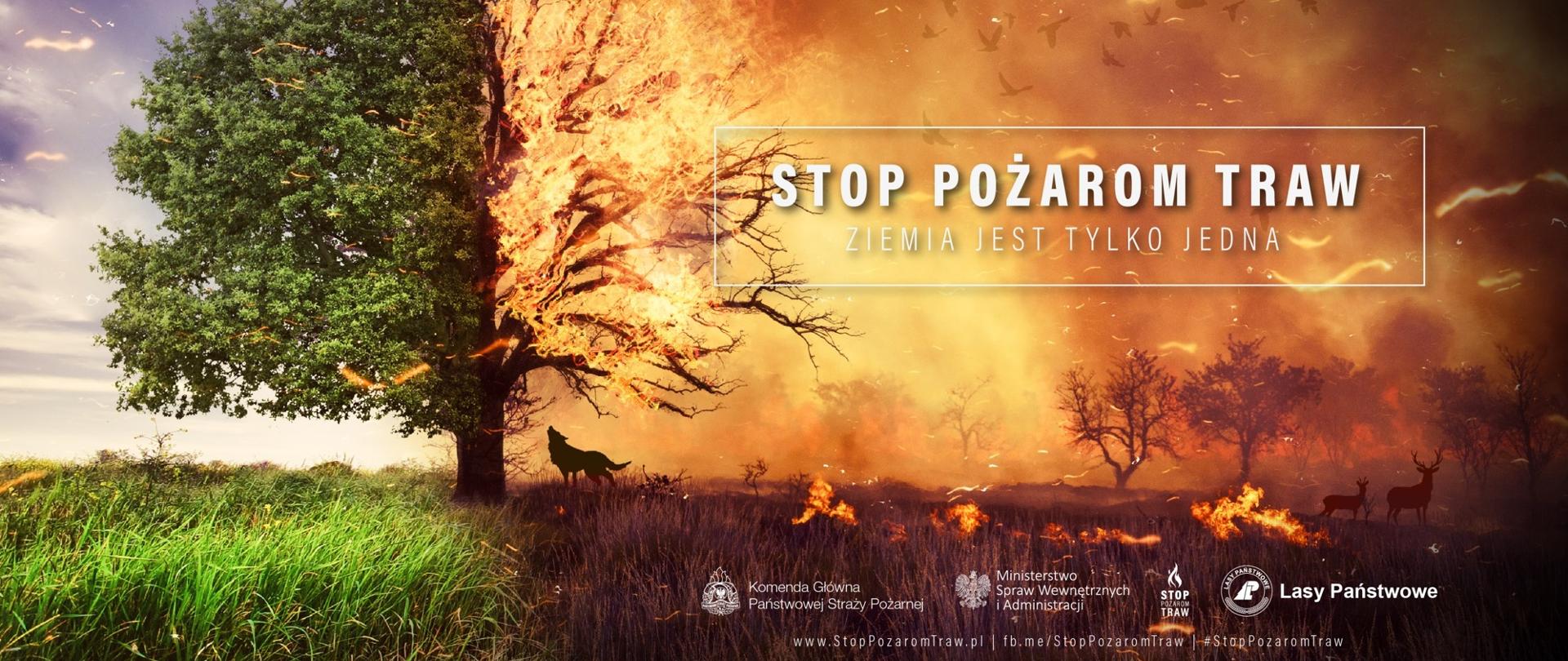 Plakat kampanii Stop pożarom traw przedstawiające palące się drzewo oraz zwierzęta.