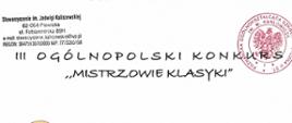 Na białym tle, po lewej stronie grafika dziewczynki grającej na skrzypcach z pięciolinią. U góry pieczątki organizatorów, na dole Jury konkursu wraz z podpisami oraz pieczęcie.
