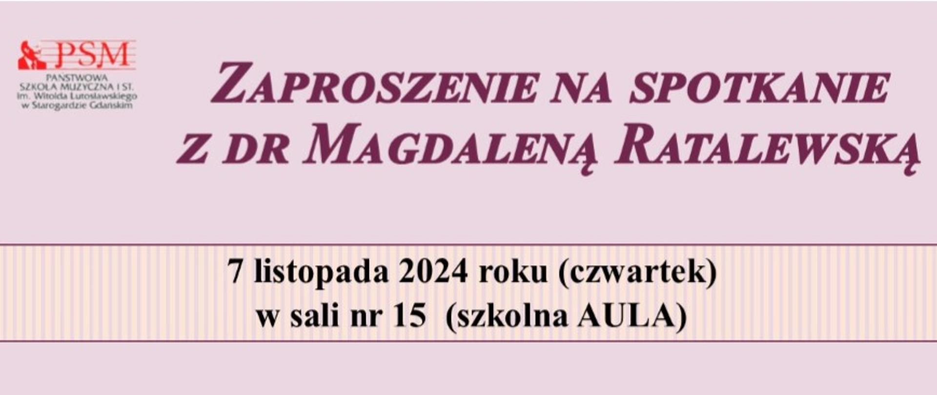 Baner informujący o spotkaniu z dr Magdaleną Ratalewską w kolorze fioletowym z umieszczoną po środku datą wykładów