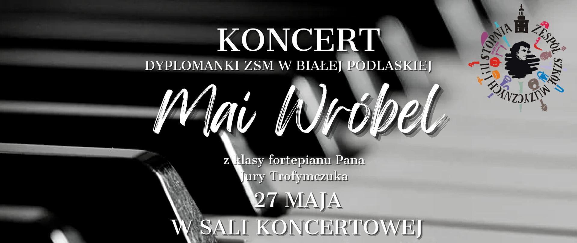 Informacje na temat koncertu na tle klawiatury fortepianu. W prawym górnym rogu logo ZSM w Białej Podlaskiej